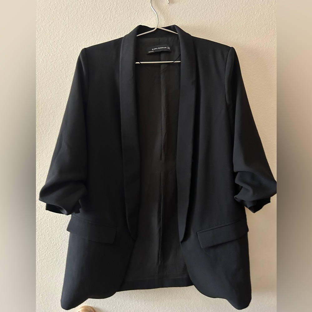 Zara Women's Drape Open Front Blazer 3/4 Ruche Sleeves in Black Size MEDIUM